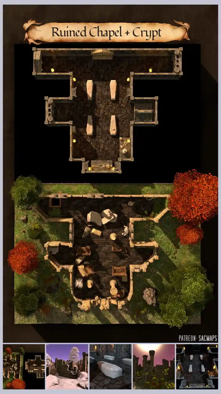 The image displays a top-down view of a ruined chapel and crypt dungeon map, featuring stone walls, scattered coffins…