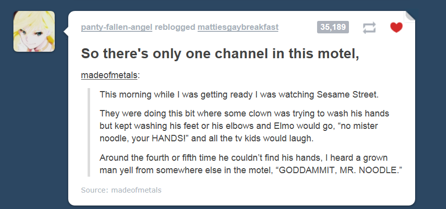 A screenshot of a Tumblr post showing a user's reblog of a story about watching Sesame Street in a motel. The text recounts…