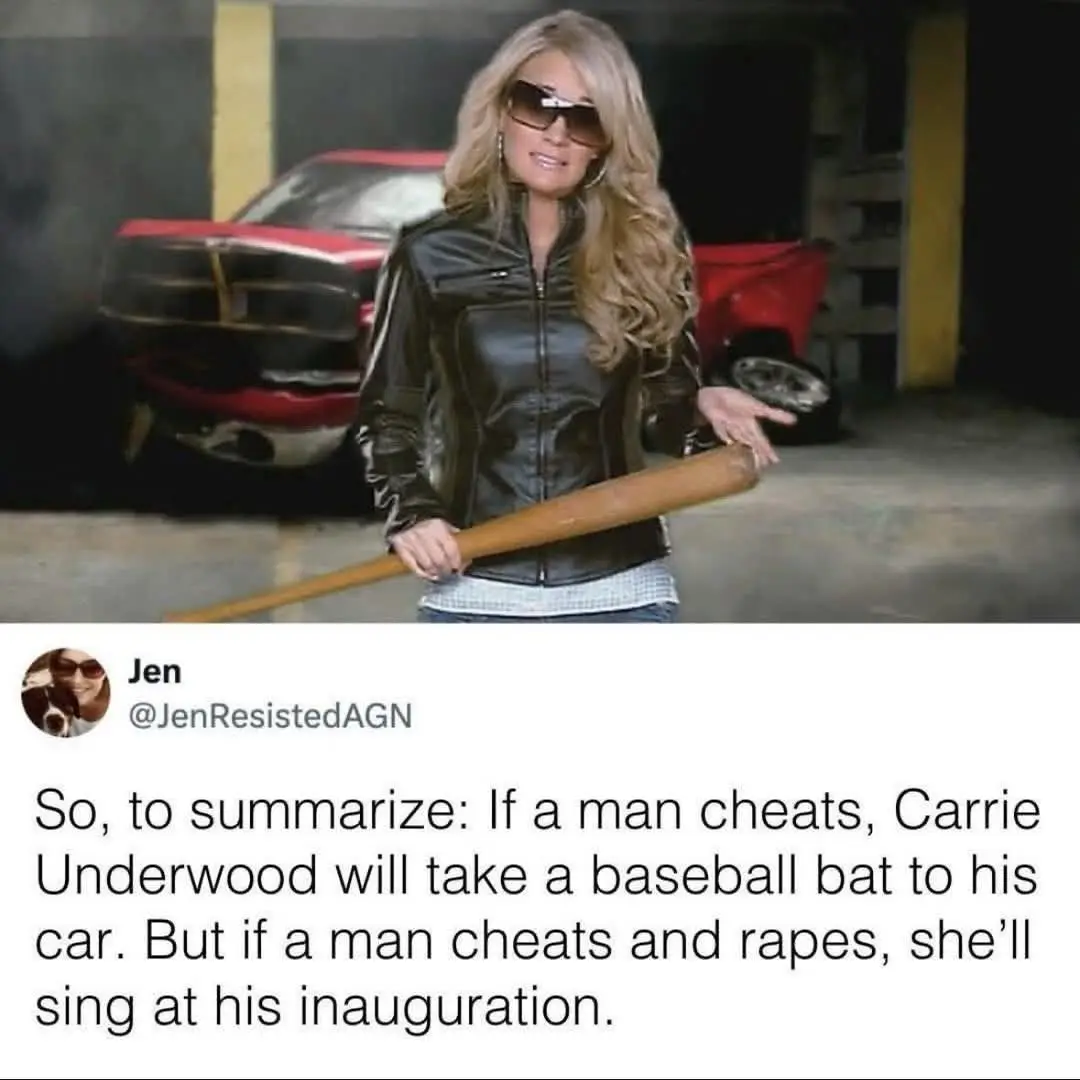 A woman with long blonde hair, wearing sunglasses and a black leather jacket, holds a baseball bat while standing in front…