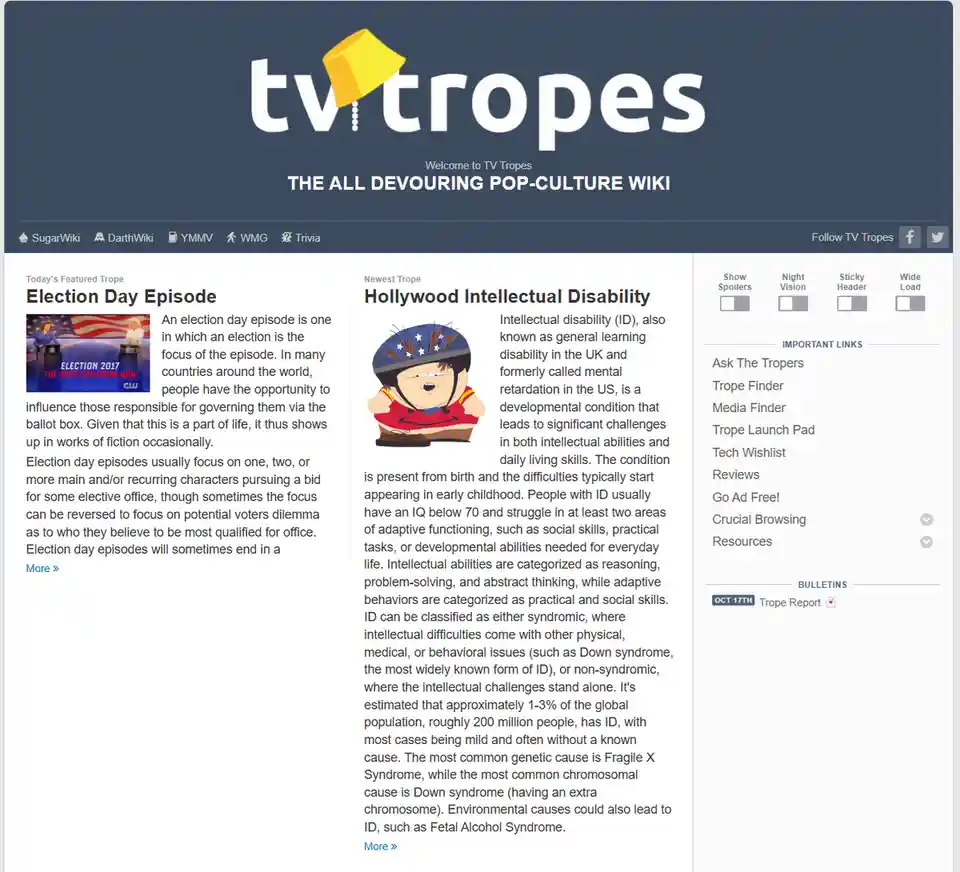 A screenshot of the TV Tropes website showing the 'Hollywood Intellectual Disability' trope page, which features an image of…