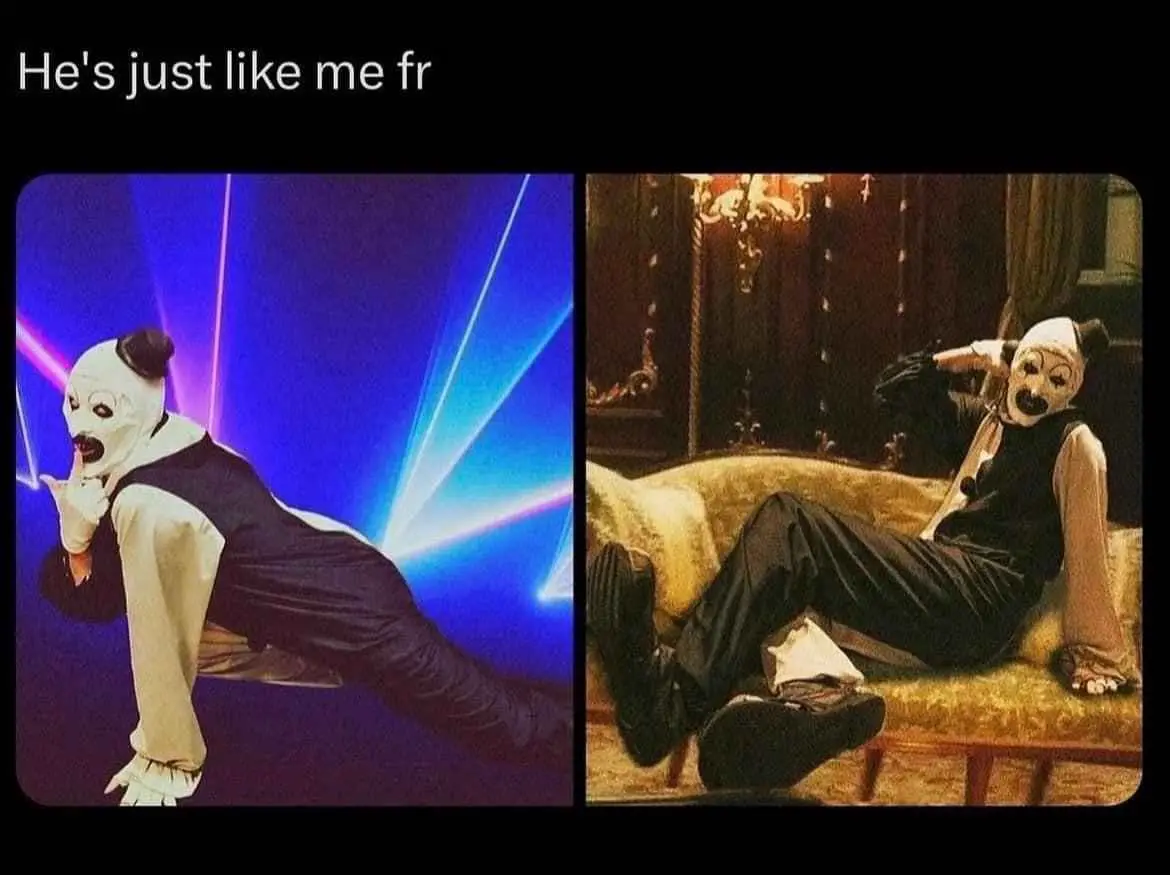 The image is split into two panels showing the same person wearing a white clown mask with black makeup, a black vest, and…