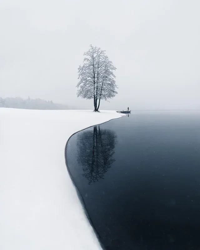 A serene, snowy landscape features a lone tree on a snow-covered shore next to a calm, dark lake. A small figure stands at a…