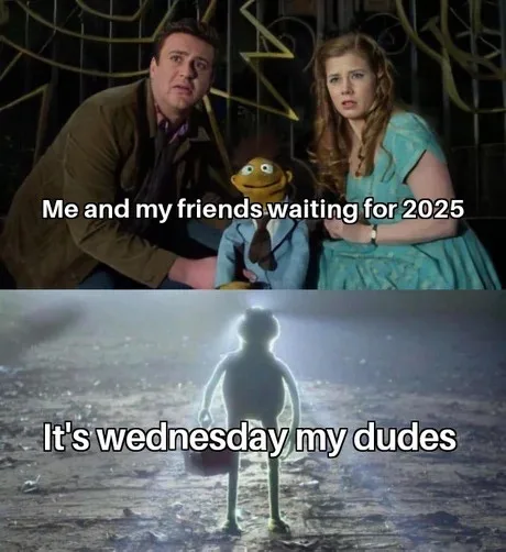 The top panel shows two people and a puppet looking anxious, with text reading 'Me and my friends waiting for 2025'. The…