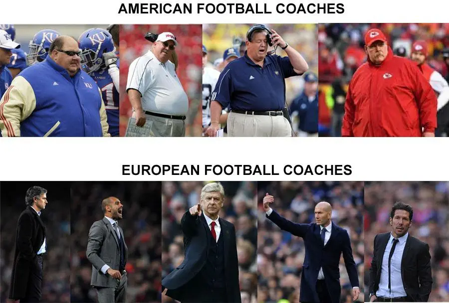 The image displays two rows of photos. The top row, labeled 'AMERICAN FOOTBALL COACHES,' shows four heavyset men in team…