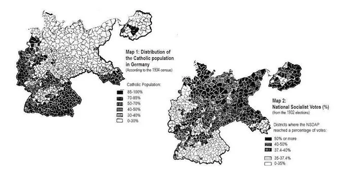 Two side-by-side maps of Germany show the distribution of Catholic population (Map 1) and National Socialist (NSDAP) vote…