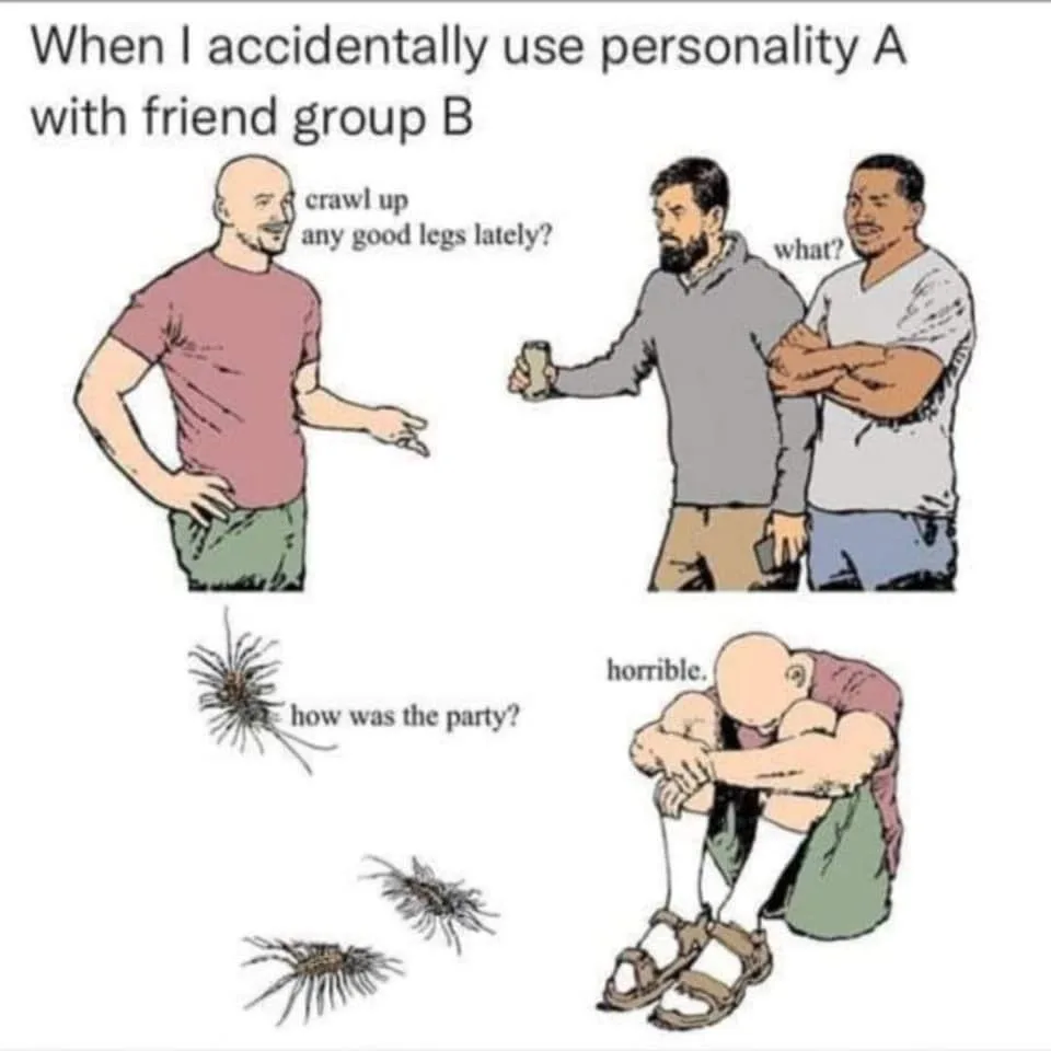 The image is a four-panel comic. Top left: A bald man in a pink shirt asks two friends, 'crawl up any good legs lately?' Top…