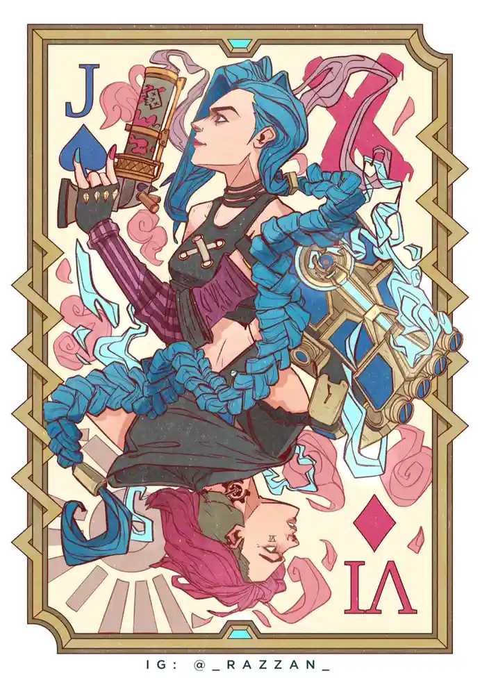 An illustrated playing card featuring a blue-haired woman holding a smoking gun and a large ornate weapon, with a man's head…
