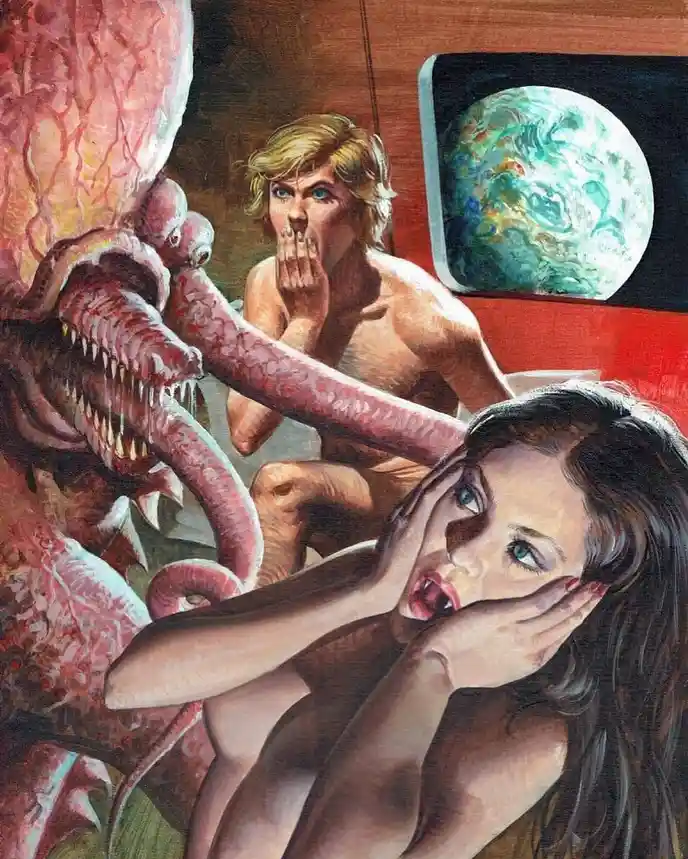 A vintage sci-fi painting depicts a terrified blonde man and a terrified brunette woman inside a spaceship, both covering…