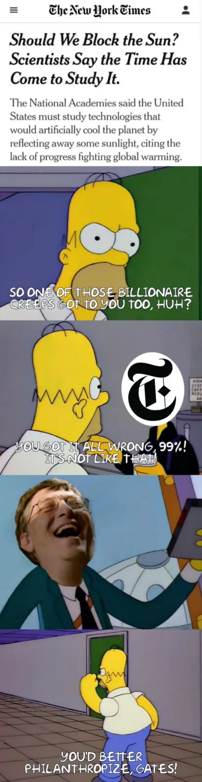 The meme features a four-panel sequence from The Simpsons. The top panel shows a New York Times article headline about…