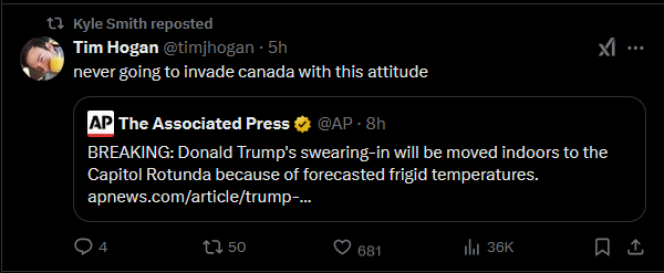 A screenshot of a tweet by Tim Hogan reposted by Kyle Smith, showing a tweet from The Associated Press stating that Donald…