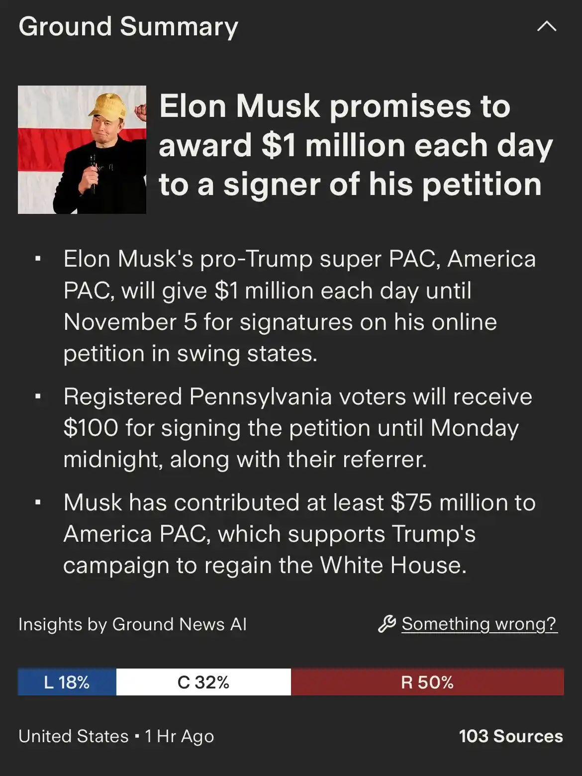 A screenshot of a news summary from Ground News AI shows a photo of Elon Musk wearing a 'Make America Great Again' hat…