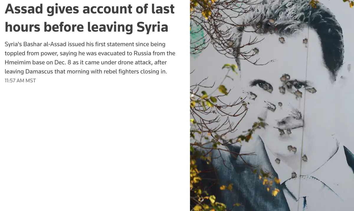 A news article headline about Bashar al-Assad's departure from Syria is juxtaposed with a photograph of a large, damaged…