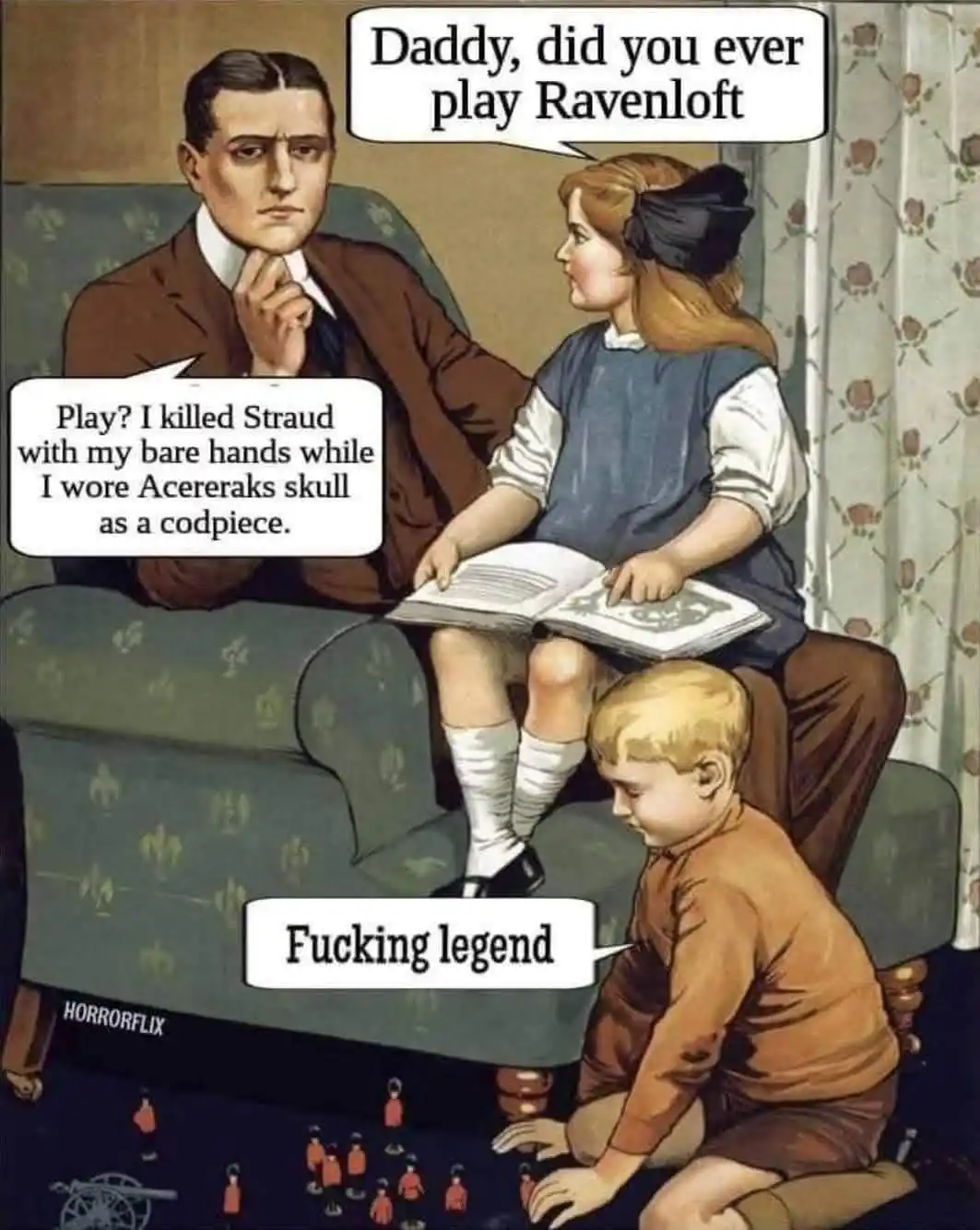 A vintage-style illustration shows a stern-looking man in a suit sitting on a couch, a young girl in a dress reading to him…