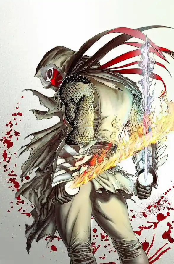 An anime-style illustration of a hooded, masked warrior with long dark hair and red streaks, wearing a scale-patterned vest…