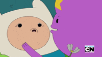A sequence of six panels from the animated show 'Adventure Time' shows the character Finn interacting with a purple…