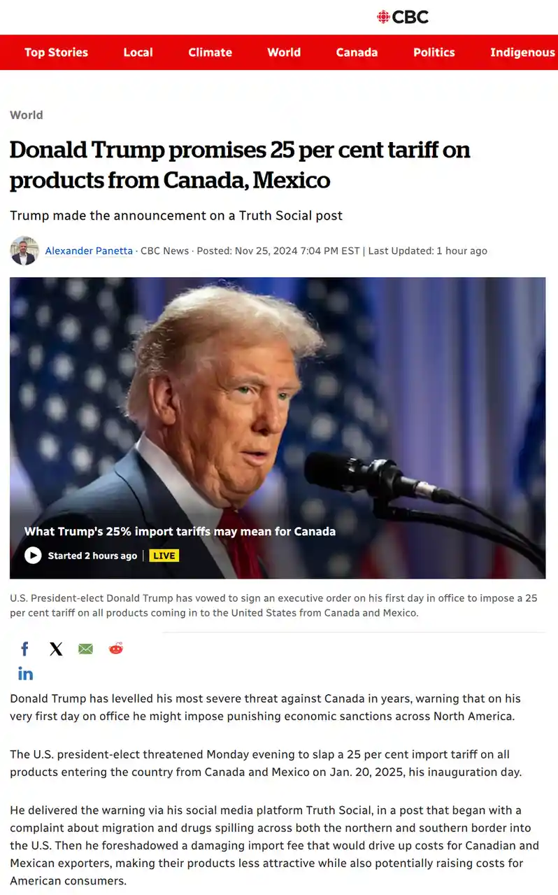 A screenshot of a CBC News article shows Donald Trump speaking at a podium with an American flag behind him. The headline…