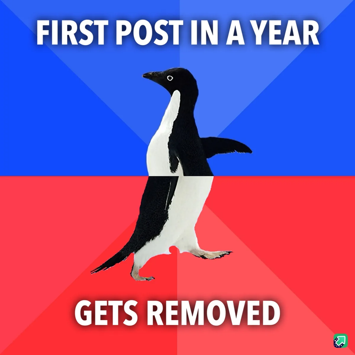 A black-and-white penguin stands centered against a split background of blue and red, with bold white text at the top…