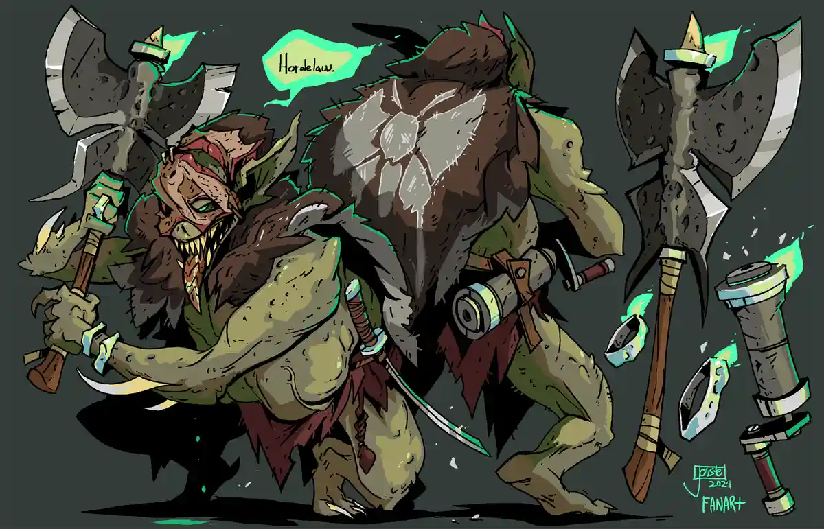 A cartoonish, muscular orc-like creature with green skin, fangs, and a red bandana is shown in a dynamic pose, wielding a…
