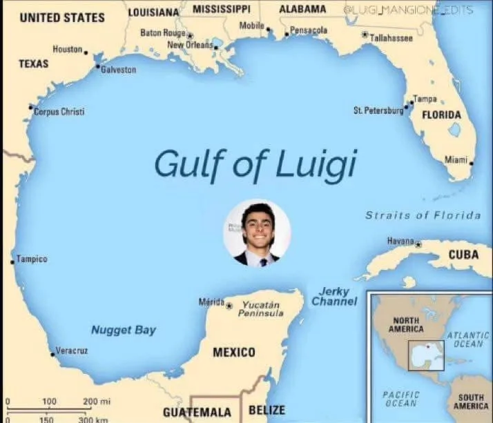 A map of the Gulf of Mexico with the name 'Gulf of Luigi' overlaid in large blue text. A circular portrait of a smiling…