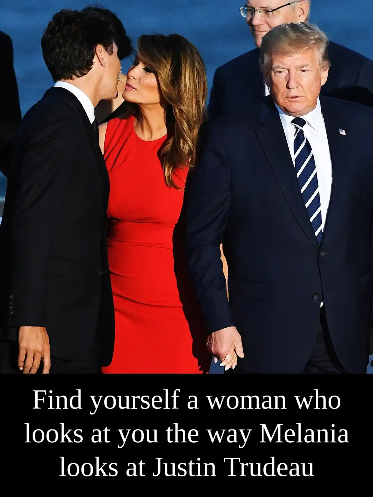 A photo shows Melania Trump in a red dress looking up at Justin Trudeau as he leans in to kiss her cheek, while Donald Trump…