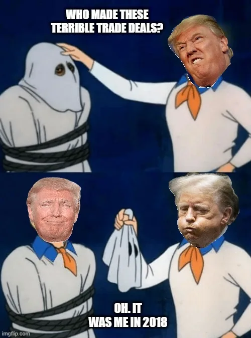 The image is a two-panel meme featuring Donald Trump's face photoshopped onto the body of a Scooby-Doo character. In the top…