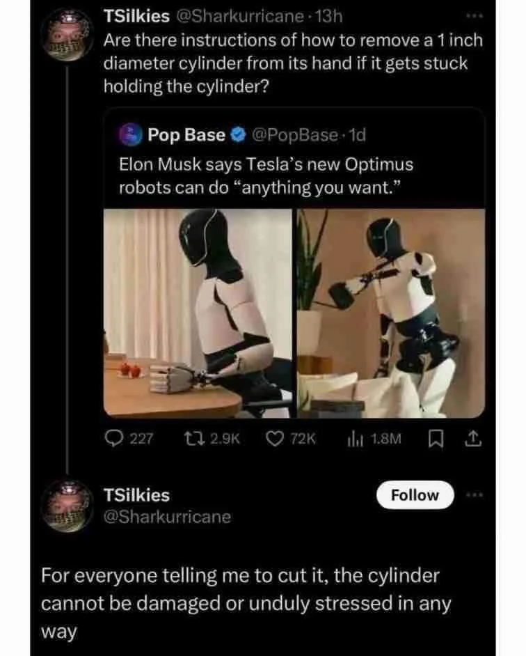A screenshot of a Twitter thread where user TSilkies responds to a tweet from Pop Base about Elon Musk claiming Tesla's…