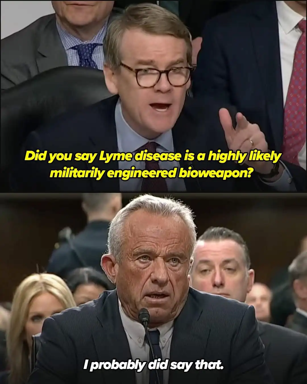 The top panel shows a man in glasses and a suit speaking emphatically with text overlay asking if he said Lyme disease is a…