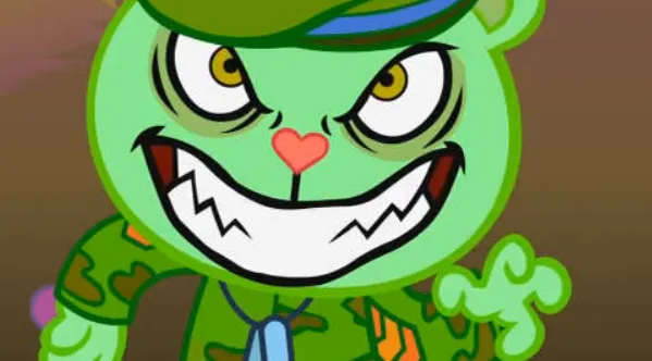 A green cartoon character with a menacing grin, sharp teeth, and a heart-shaped nose, wearing a military-style cap and…