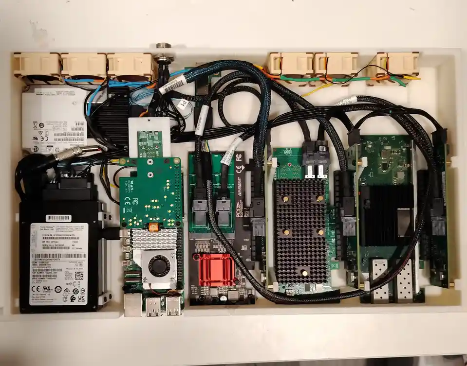 An overhead view of a densely packed, custom-built computer case filled with various circuit boards, cooling fans, cables…