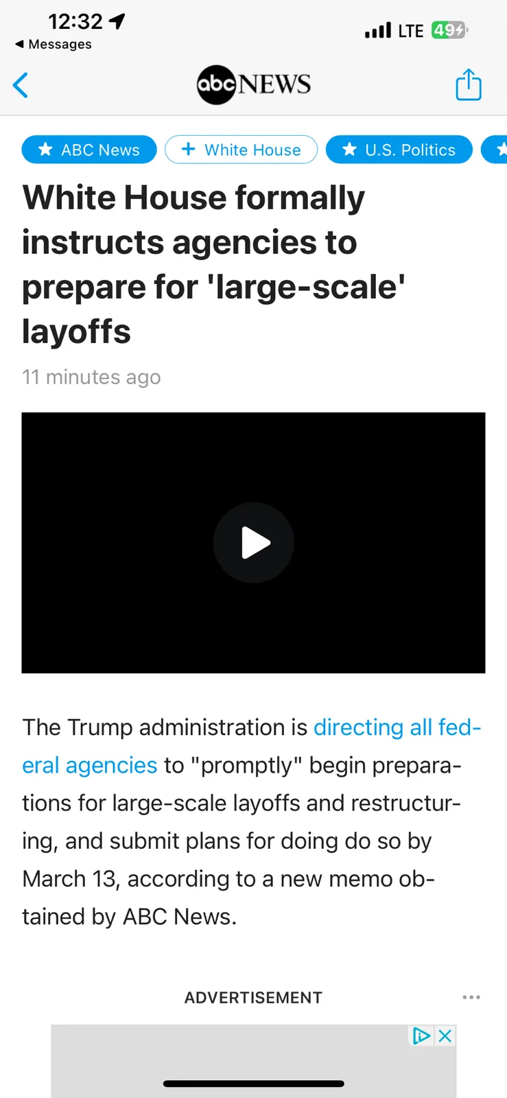 A screenshot of an ABC News mobile article headline about the White House directing federal agencies to prepare for…