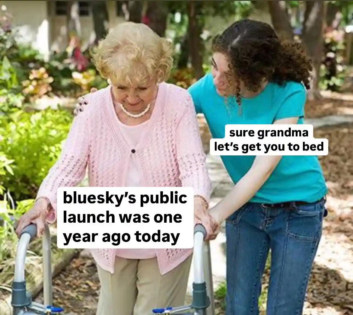 An older woman using a walker is being assisted by a younger woman in a garden setting. Text overlays read 'bluesky's public…
