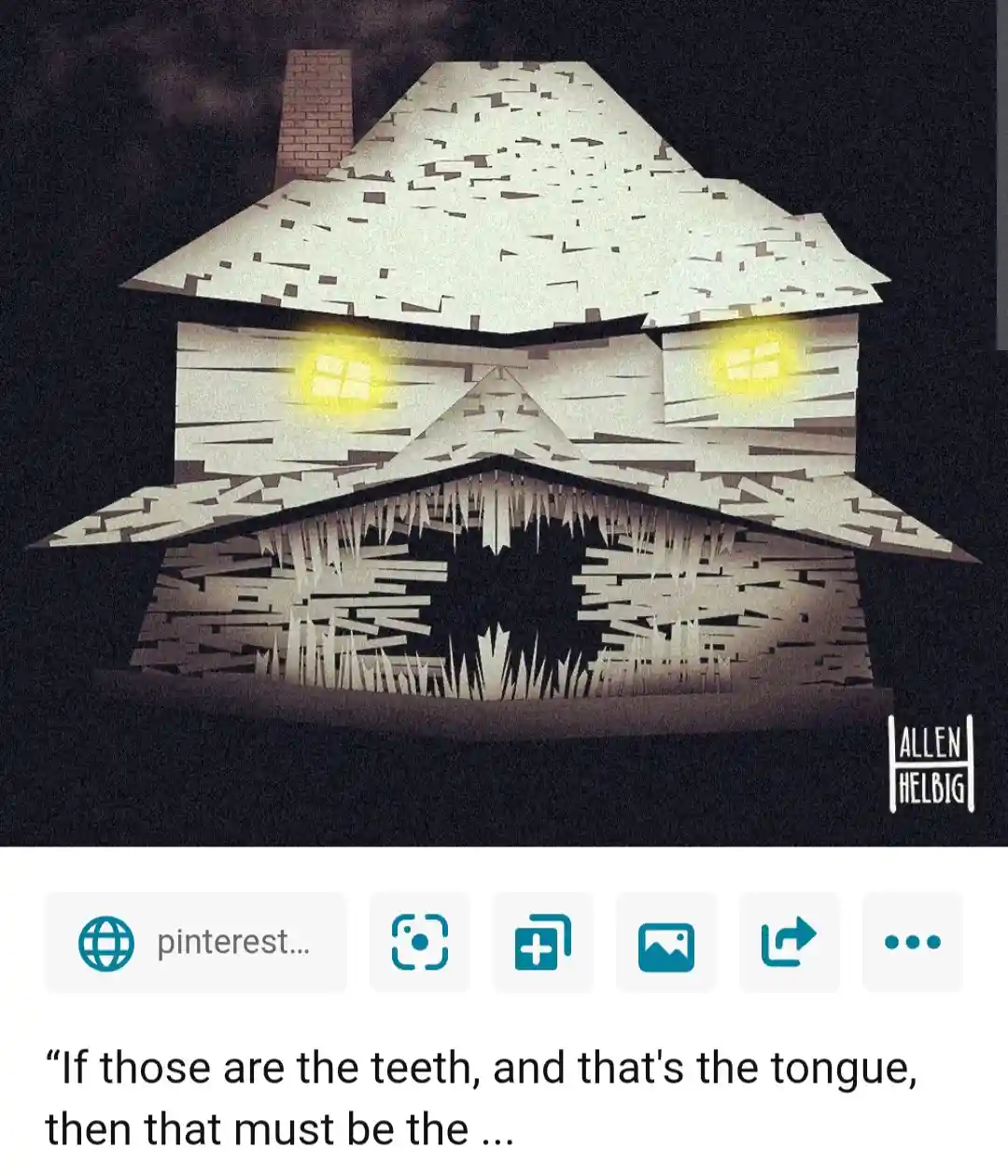 A stylized, blocky house with glowing yellow windows for eyes and a jagged, toothy mouth made of wooden planks, set against…
