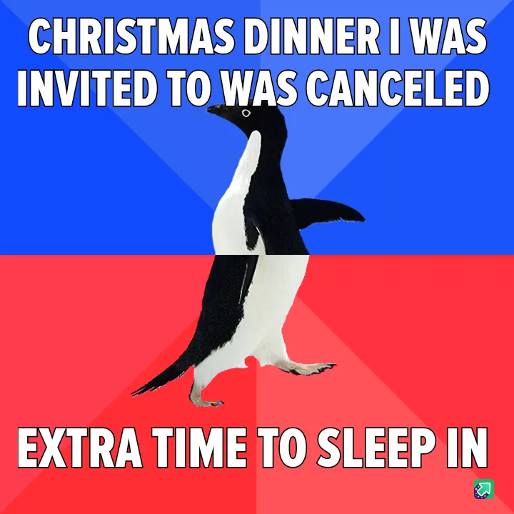 A penguin stands centered against a split blue and red background, with bold white text at the top reading 'CHRISTMAS DINNER…