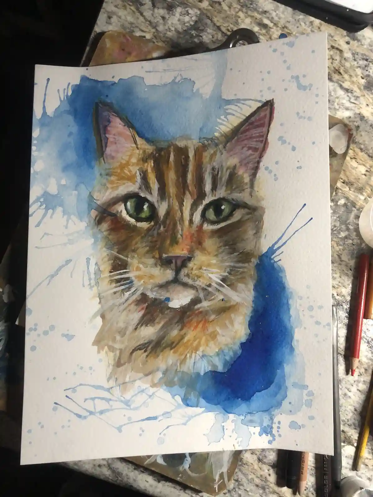 A watercolor painting of a tabby cat with green eyes, surrounded by blue paint splatters on white paper, rests on a granite…