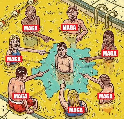 An illustration shows seven people in a swimming pool, all pointing at a central person who is surrounded by a small patch…