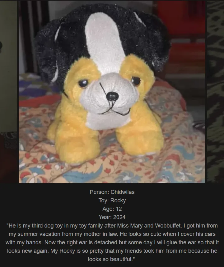 A plush dog toy with a black-and-white head and yellow body sits on a patterned blanket. Overlaid text is a fabricated…