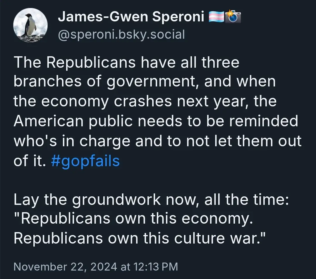 A screenshot of a social media post by James-Gwen Speroni, featuring white text on a dark background. The post contains a…