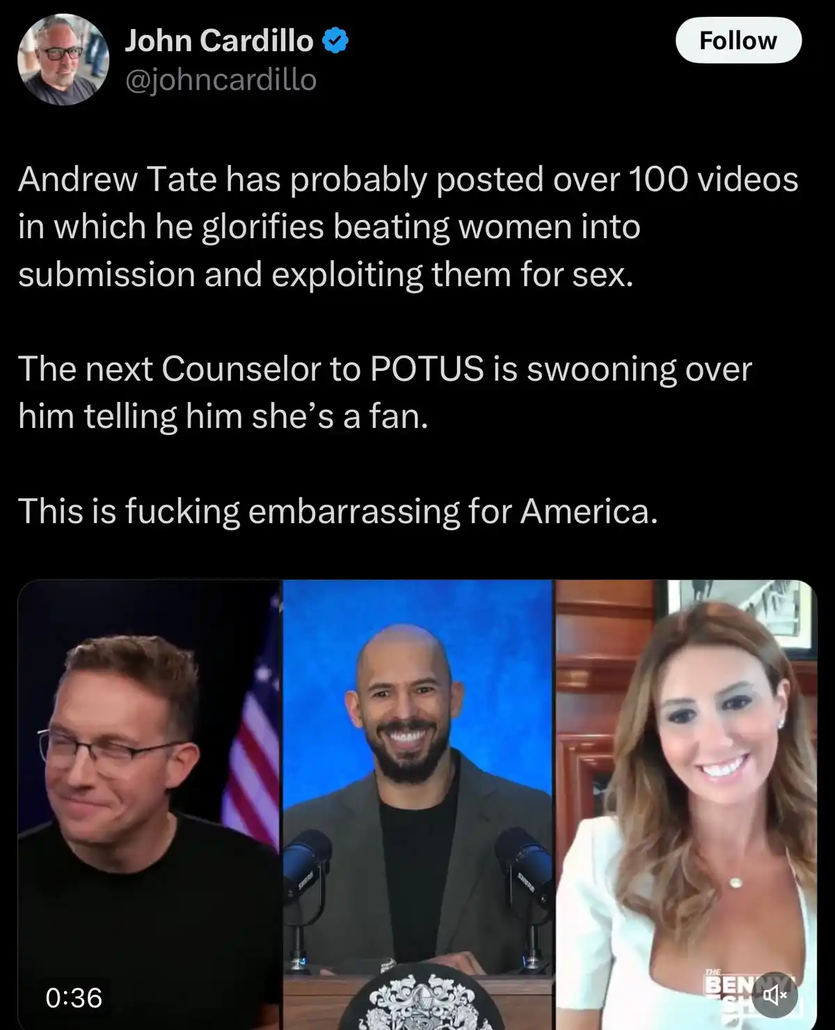 A screenshot of a tweet by John Cardillo showing three people in a video call: a man on the left with glasses, Andrew Tate…