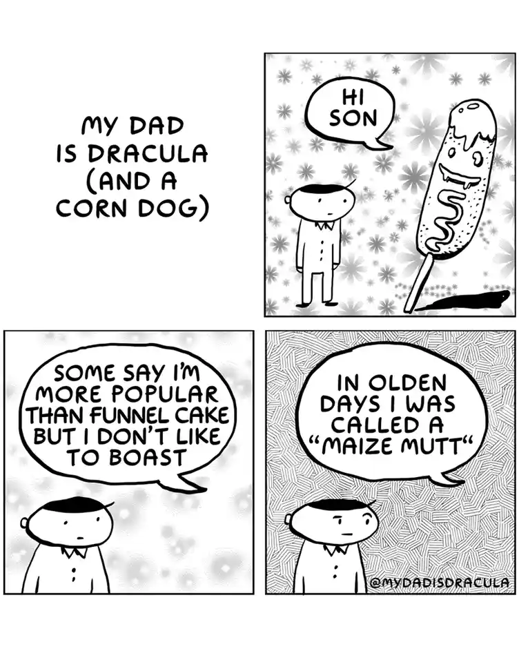 A four-panel comic strip where a cartoon corn dog with a face and vampire-like features introduces itself to a boy as 'Hi…