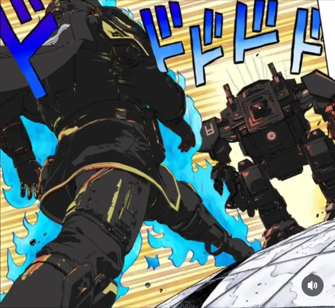 A dynamic anime-style illustration shows a person in black and gold armor running forward with blue energy flames trailing…