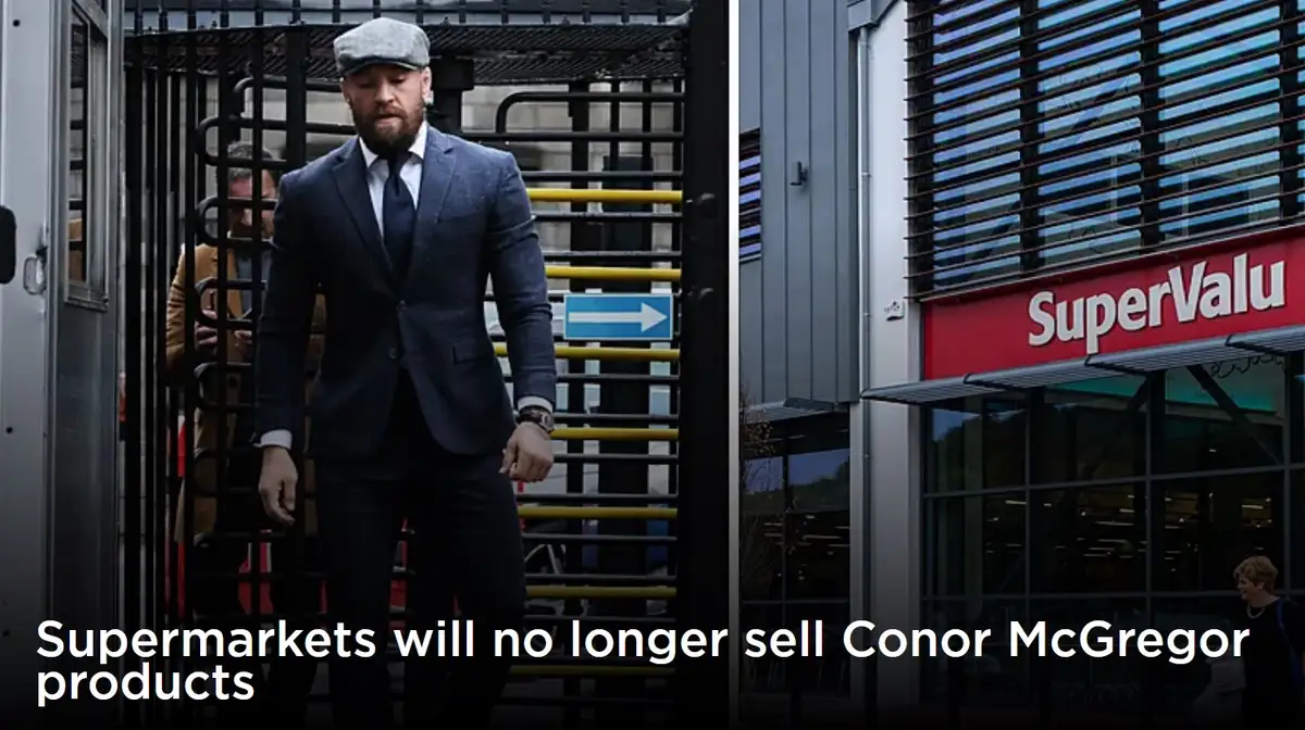 The image is split: left side shows Conor McGregor in a suit and flat cap walking through a metal gate, right side shows the…