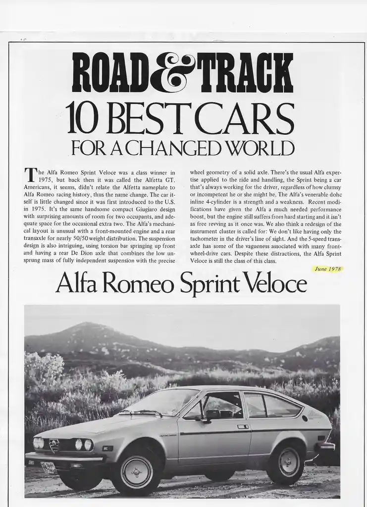 A black and white magazine page from 'Road & Track' dated June 1978, featuring an article titled '10 Best Cars for a Changed…