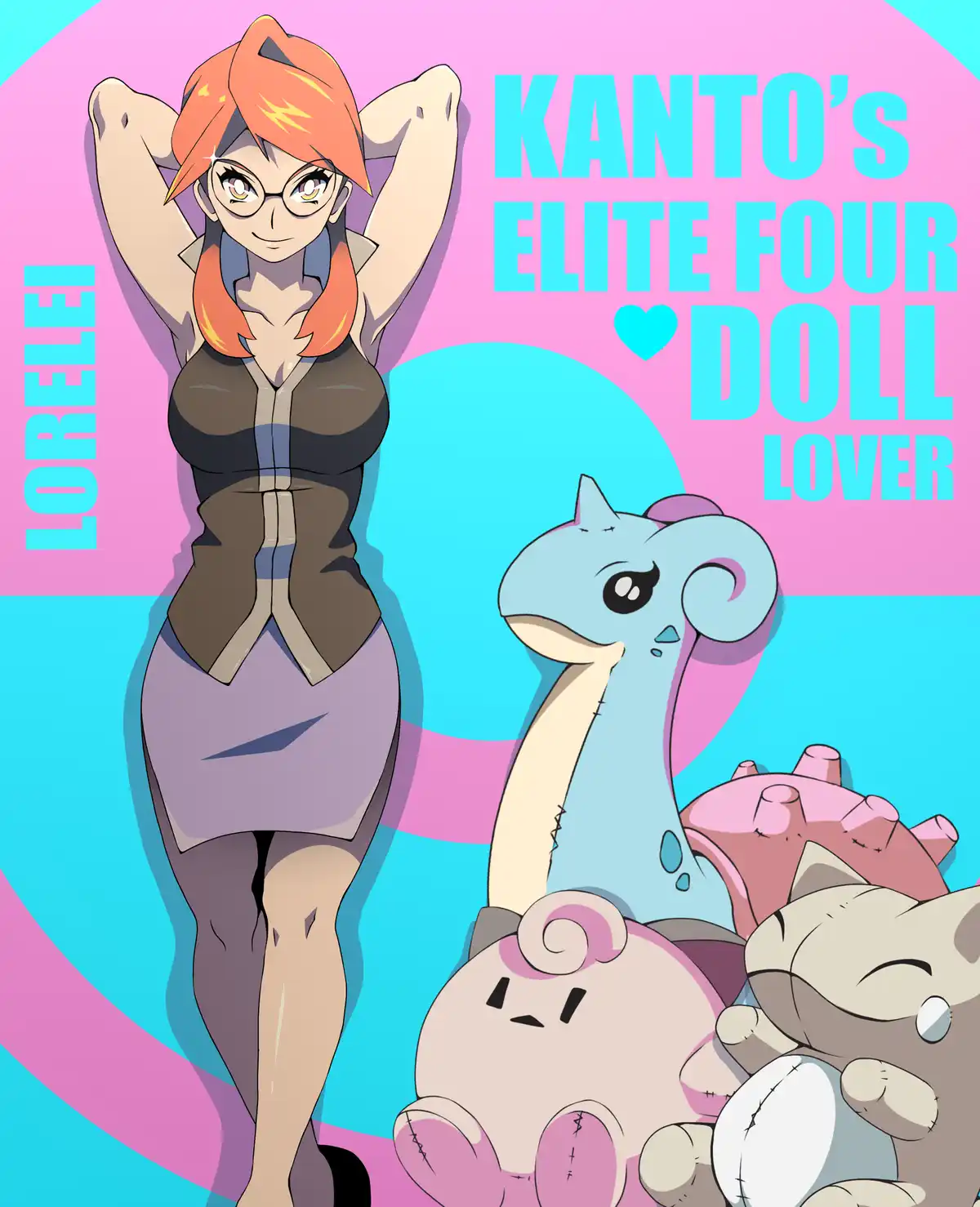 An anime-style illustration of Lorelei, a Kanto Elite Four member, standing confidently with arms raised, surrounded by…