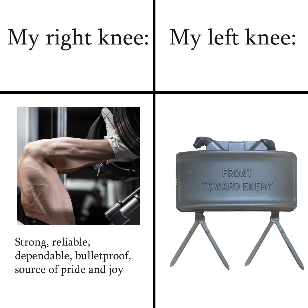 The image is a two-panel meme. The left panel shows a muscular right knee during a workout, labeled 'My right knee:' with…