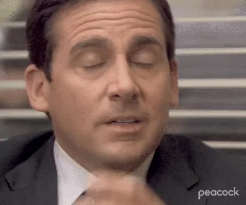 A six-panel image sequence shows actor Steve Carell in a suit, transitioning from closing his eyes in resignation to…