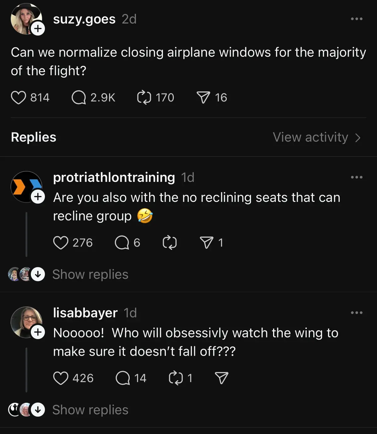 A screenshot of a social media thread shows a user asking if closing airplane windows is normal, followed by replies. One…