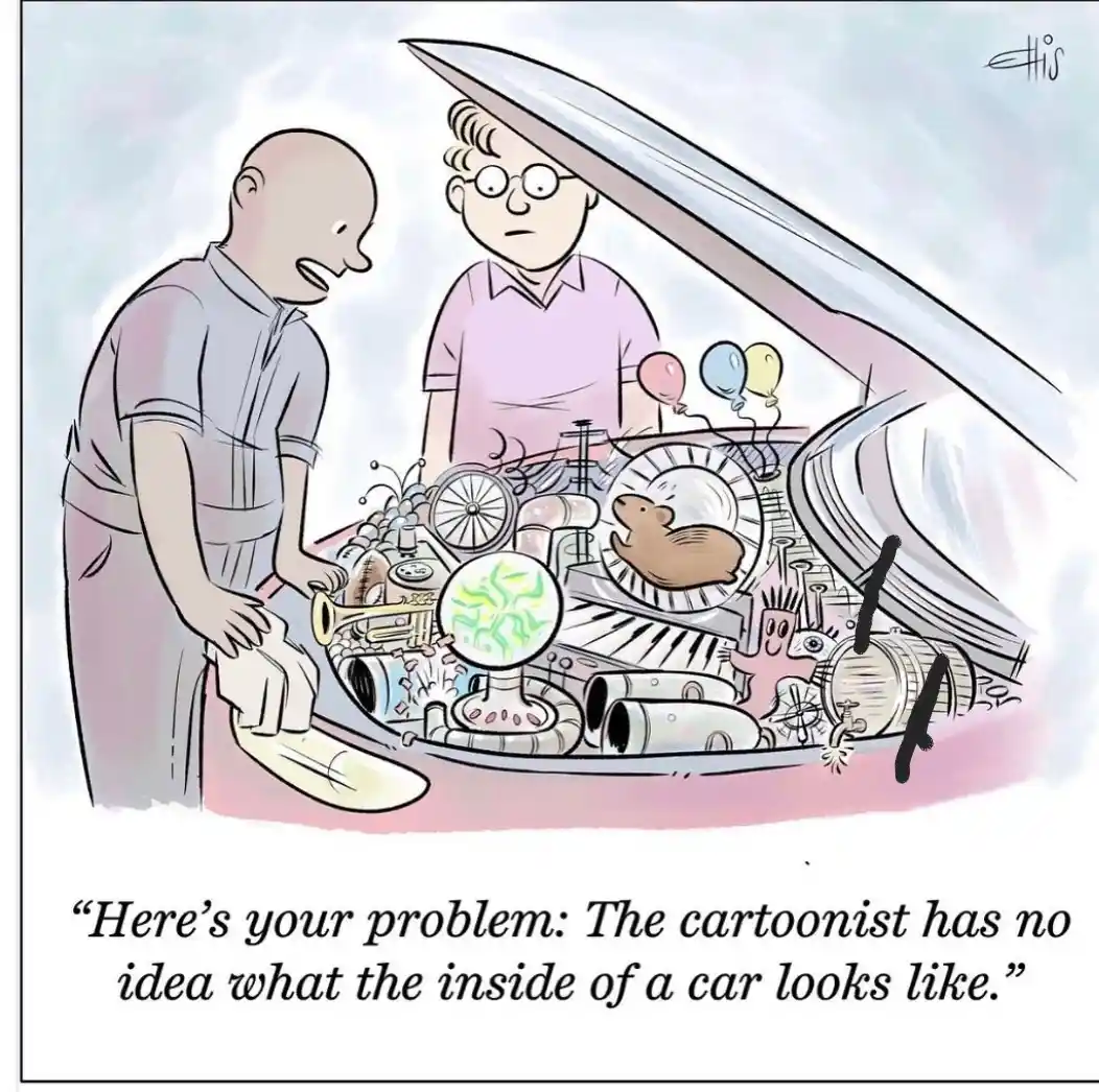 A cartoon depicts two men looking into an open car hood filled with absurd, nonsensical items like a hamster wheel…