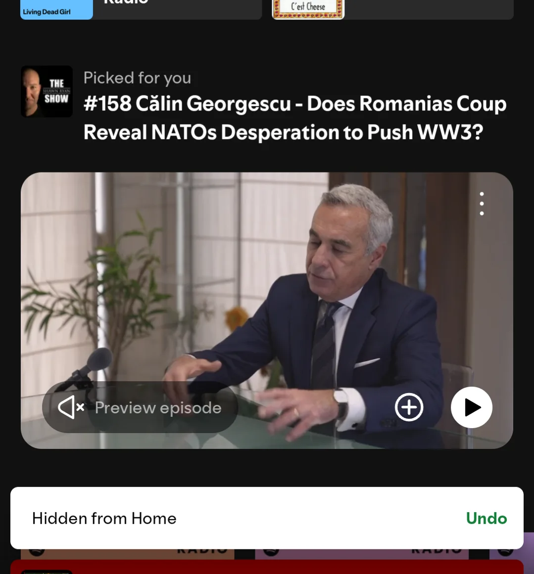 A screenshot of a podcast app interface showing an episode titled '#158 Călin Georgescu - Does Romanias Coup Reveal NATOs…