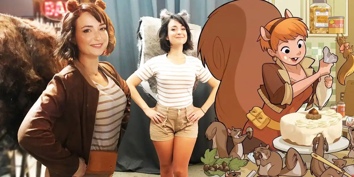 Two women wearing squirrel ears and matching striped tops stand side by side, one in a brown jacket and the other in shorts…