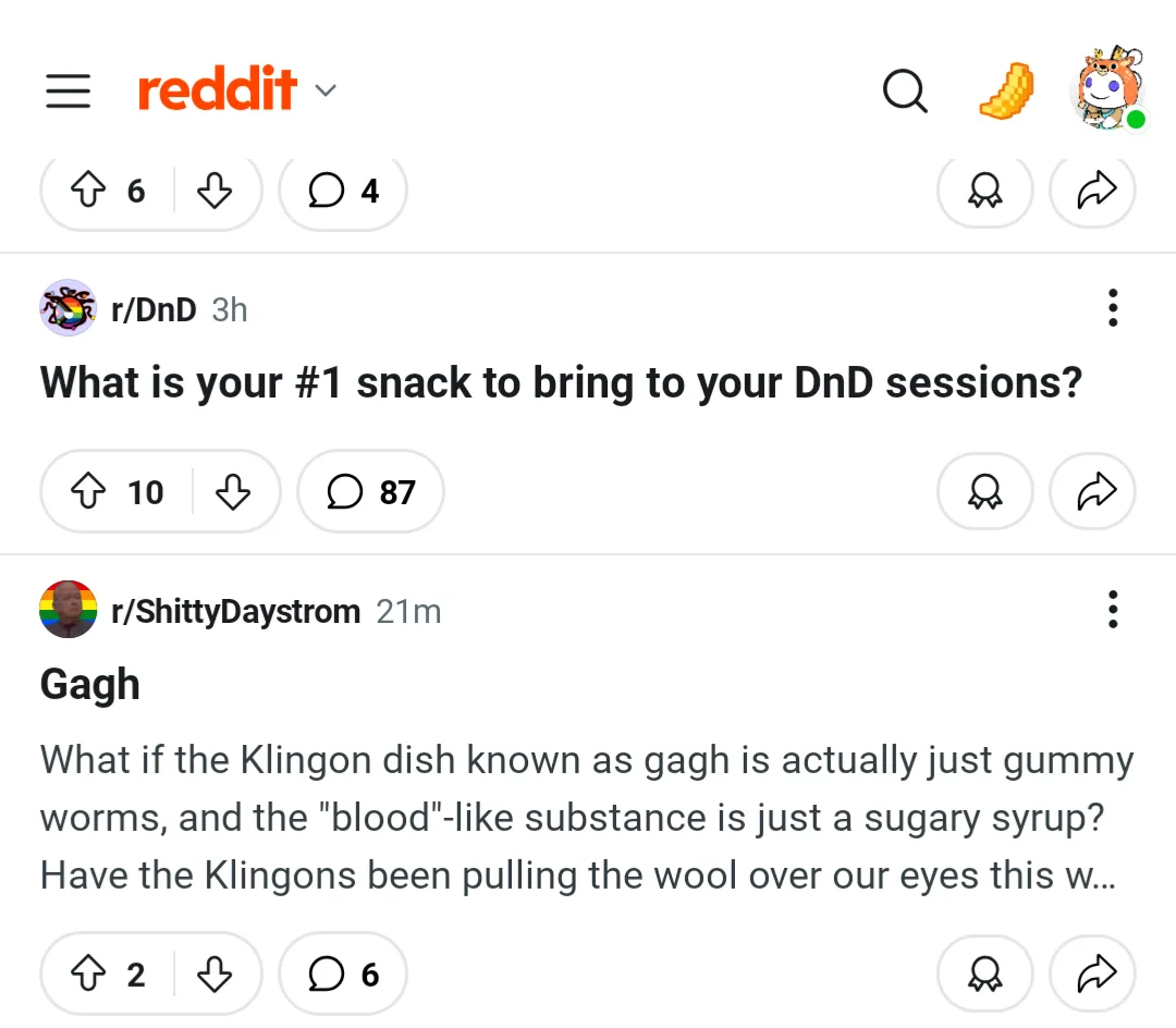 A Reddit screenshot shows a comment thread where a user from r/ShittyDaystrom responds to a question about snacks for DnD…